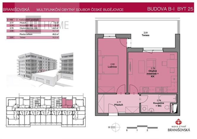 Prodej bytu 2+kk, České Budějovice, Branišovská, 49 m2