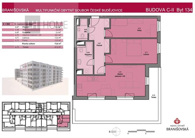 Prodej bytu 3+kk, České Budějovice, Branišovská, 73 m2