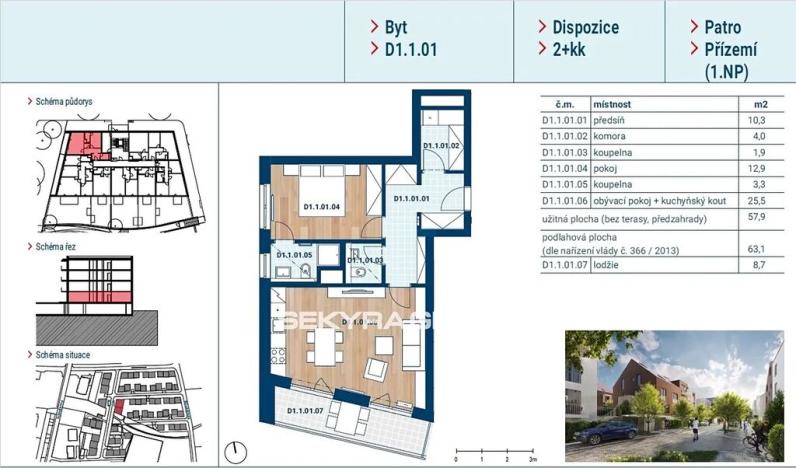 Prodej bytu 2+kk, Praha - Čakovice, Marie Podvalové, 58 m2