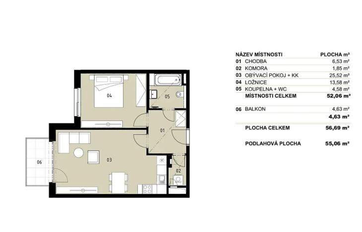 Pronájem bytu 2+kk, Praha, V třešňovce, 57 m2