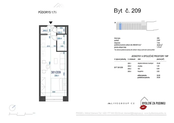 Pronájem bytu 1+kk, Zbýšov, čtvrť Padělky, 29 m2