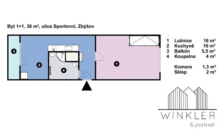 Pronájem bytu 1+1, Zbýšov, Sportovní, 36 m2