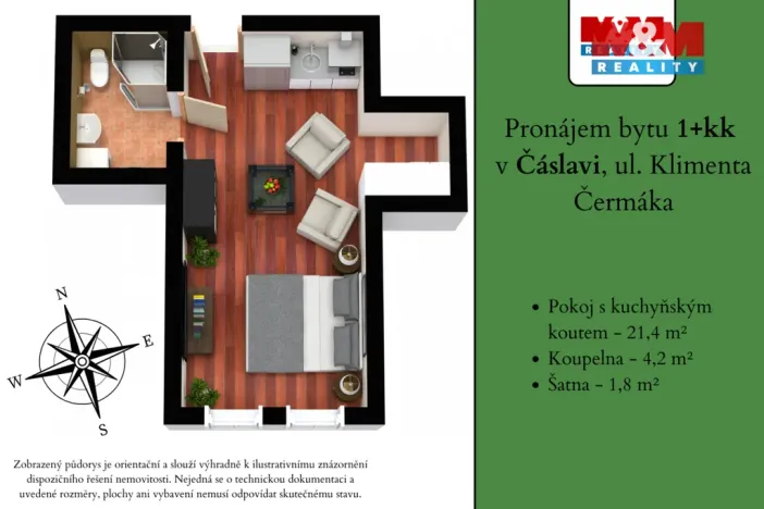 Pronájem bytu 1+kk, Čáslav - Čáslav-Staré Město, Klimenta Čermáka, 27 m2