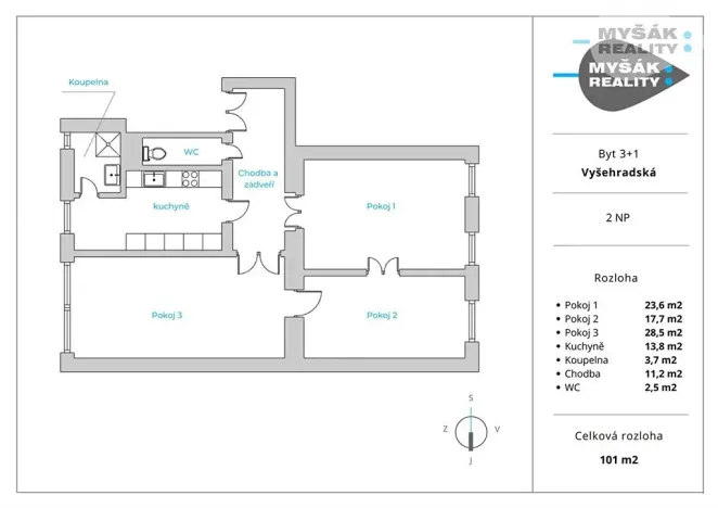 Prodej bytu 3+1, Praha - Nové Město, Vyšehradská, 102 m2