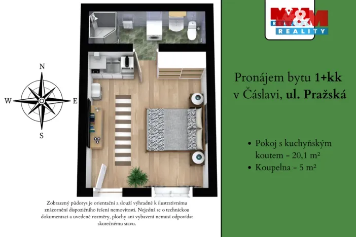 Pronájem bytu 1+kk, Čáslav - Čáslav-Nové Město, Pražská, 25 m2