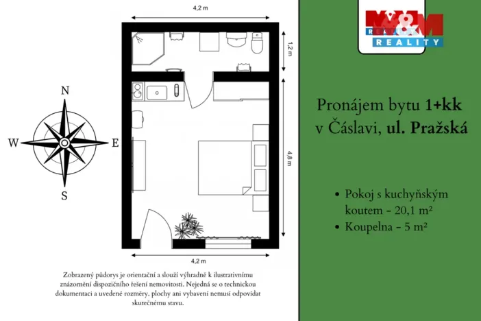 Pronájem bytu 1+kk, Čáslav - Čáslav-Nové Město, Pražská, 25 m2