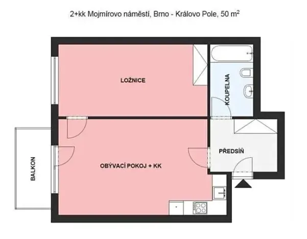 Pronájem bytu 2+kk, Brno, Mojmírovo náměstí, 50 m2