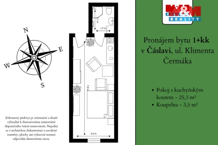 Pronájem bytu 1+kk, Čáslav - Čáslav-Staré Město, Klimenta Čermáka, 28 m2