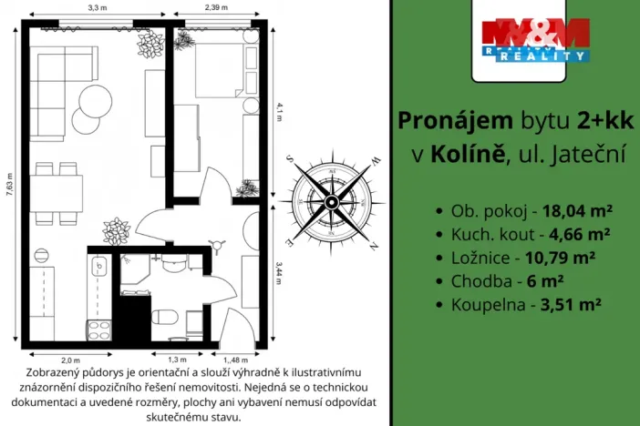 Pronájem bytu 2+kk, Kolín - Kolín IV, Jateční, 43 m2