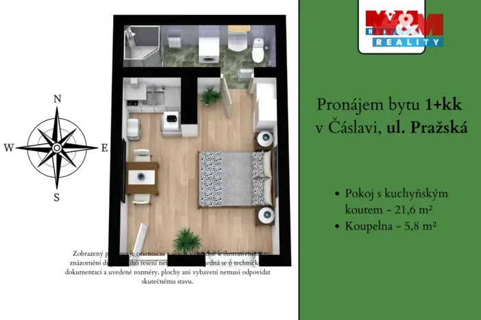 Pronájem bytu 1+kk, Čáslav - Čáslav-Nové Město, Pražská, 27 m2