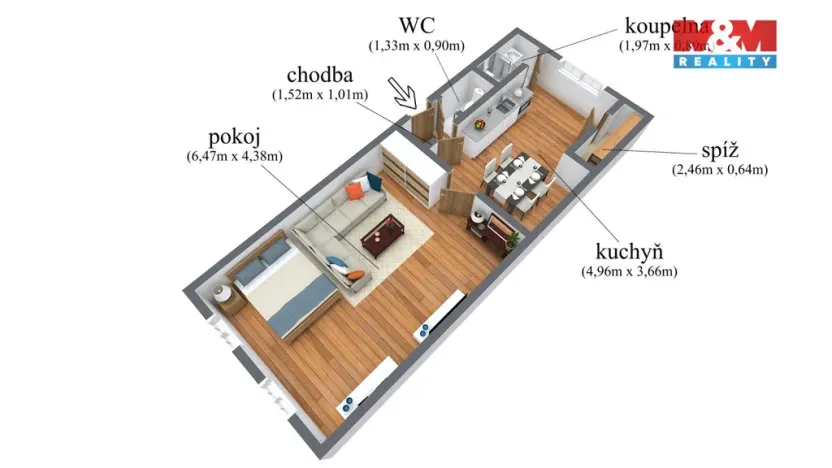 Prodej bytu 1+1, Chabařovice, Husovo náměstí, 59 m2