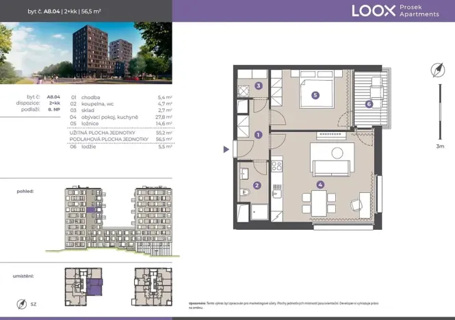 Pronájem bytu 2+kk, Praha - Prosek, Litoměřická, 55 m2