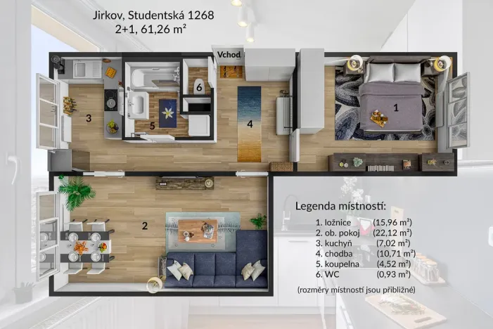 Pronájem bytu 2+1, Jirkov, Studentská, 61 m2