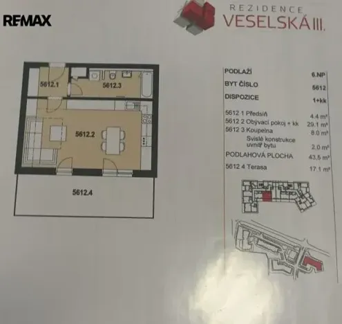 Pronájem bytu 1+kk, Praha - Letňany, Miroslava Hajna, 43 m2