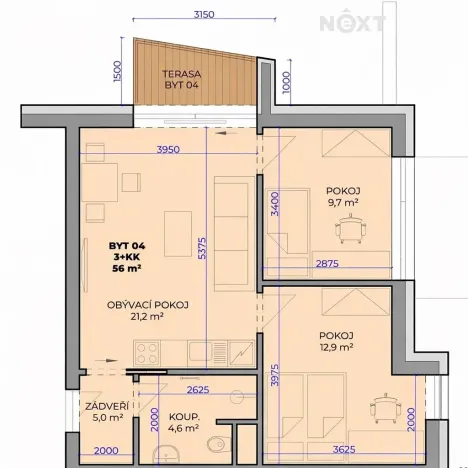 Prodej bytu 2+kk, Fryšták, 53 m2