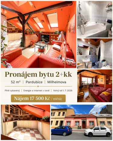 Pronájem bytu 2+kk, Pardubice, Milheimova, 52 m2