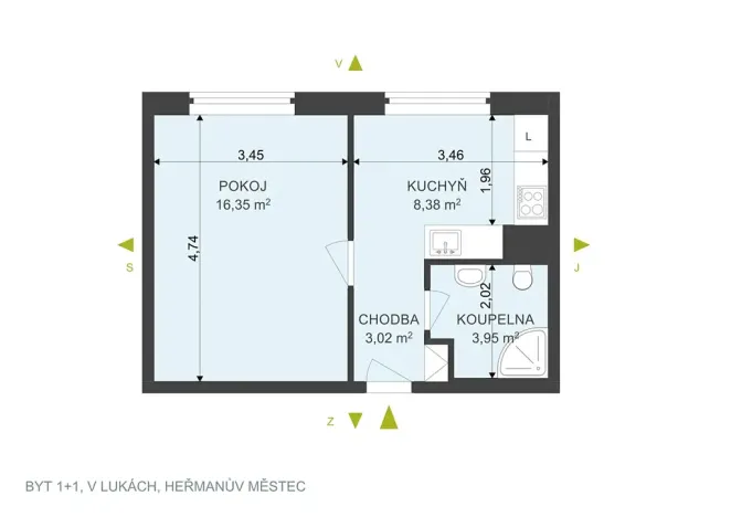Pronájem bytu 1+1, Heřmanův Městec, V Lukách, 32 m2