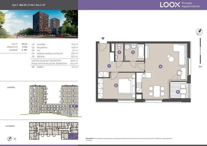 Pronájem bytu 2+kk, Praha - Prosek, Litoměřická, 63 m2