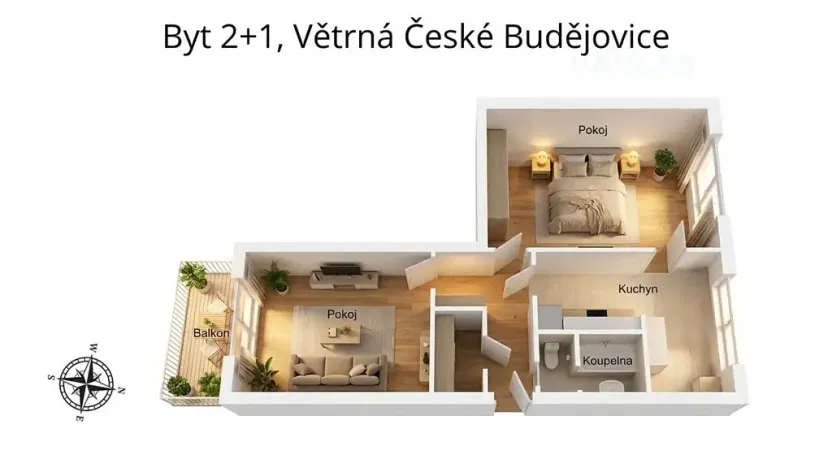 Pronájem bytu 2+1, České Budějovice, Větrná, 59 m2