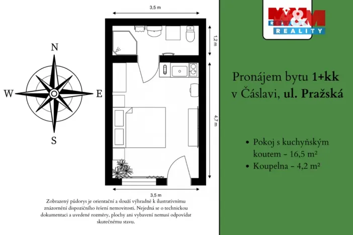 Pronájem bytu 1+kk, Čáslav - Čáslav-Nové Město, Pražská, 21 m2