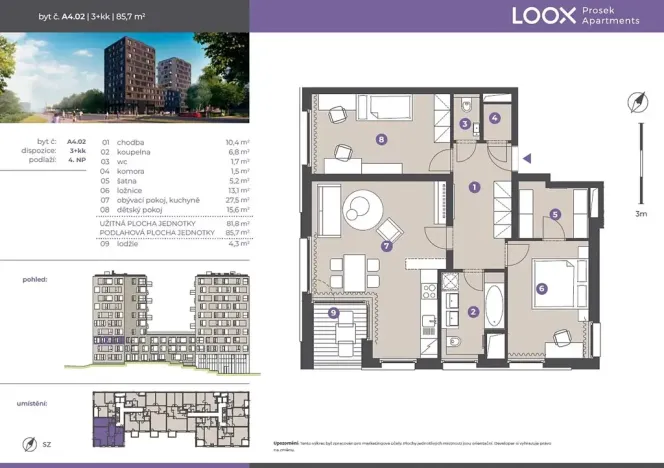 Pronájem bytu 3+kk, Praha - Prosek, Litoměřická, 81 m2
