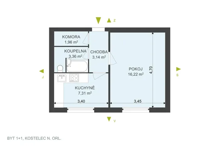 Pronájem bytu 1+1, Kostelec nad Orlicí, Proškova, 32 m2