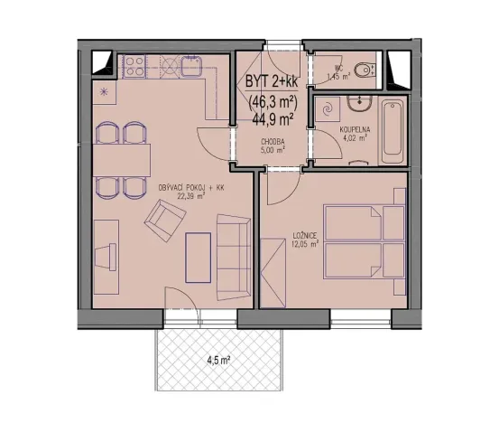 Pronájem bytu 2+kk, Brno, Lišejníková, 49 m2