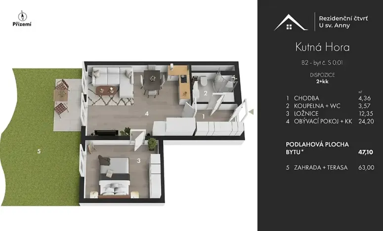 Pronájem bytu 2+kk, Kutná Hora, Plk. Loudy, 47 m2