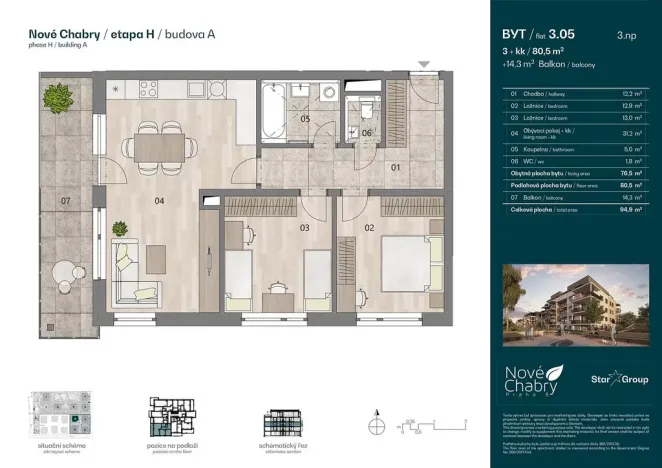 Prodej bytu 3+kk, Praha - Dolní Chabry, Podhorská, 80 m2