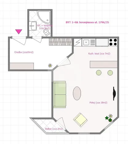 Pronájem bytu 1+kk, České Budějovice - České Budějovice 6, Jeronýmova, 38 m2