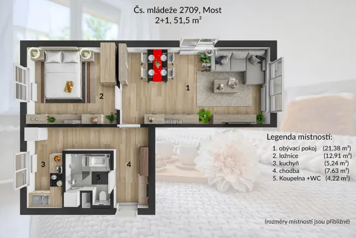 Pronájem bytu 2+1, Most, Čs. mládeže, 51 m2