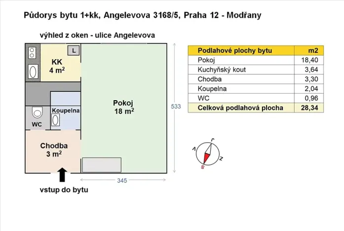Pronájem bytu 1+kk, Praha - Modřany, Angelovova, 28 m2