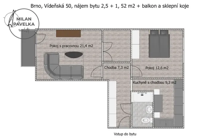 Pronájem bytu 2+1, Brno - Štýřice, Vídeňská, 52 m2