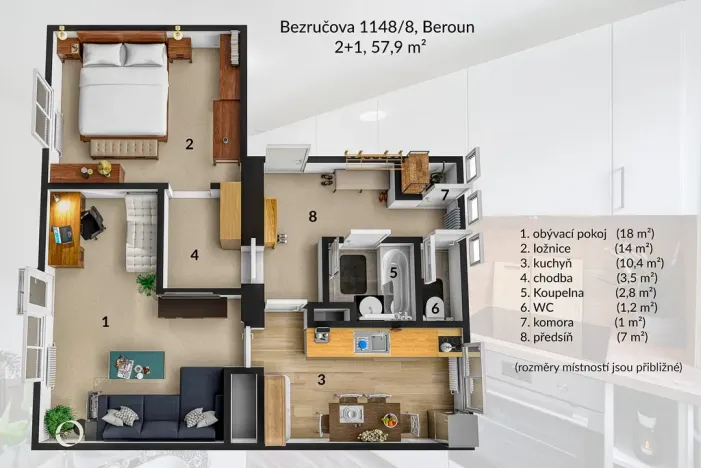 Pronájem bytu 2+1, Beroun - Beroun-Město, Bezručova, 57 m2