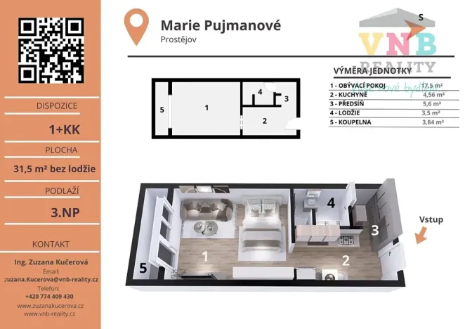 Pronájem bytu 1+kk, Prostějov, Marie Pujmanové, 32 m2