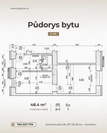 Prodej bytu 2+1, Brno, Komárovská, 48 m2