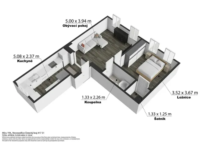 Prodej bytu 2+1, Novosedlice, Míru, 58 m2