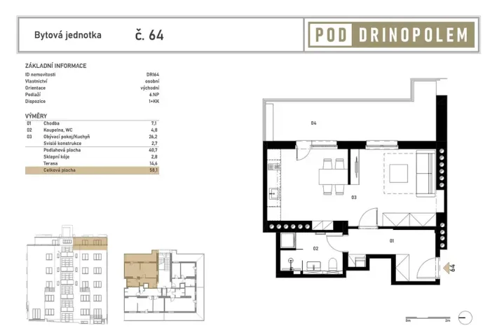 Pronájem bytu 1+kk, Praha - Břevnov, Pod Drinopolem, 41 m2